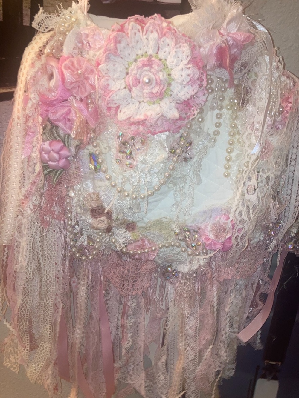 Shabby Chic Pink & White Lace Dreamcatcher Bag